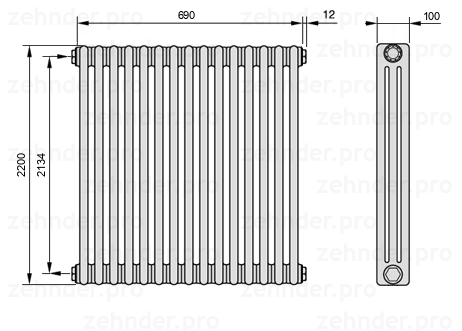Схема (чертеж) Радиатор Zehnder Charleston 3220/15 №1270 Белый глянцевый RAL 9016